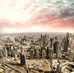 Fototapeta na wymiar Aerial view of Melbourne skyline at sunset from helicopter