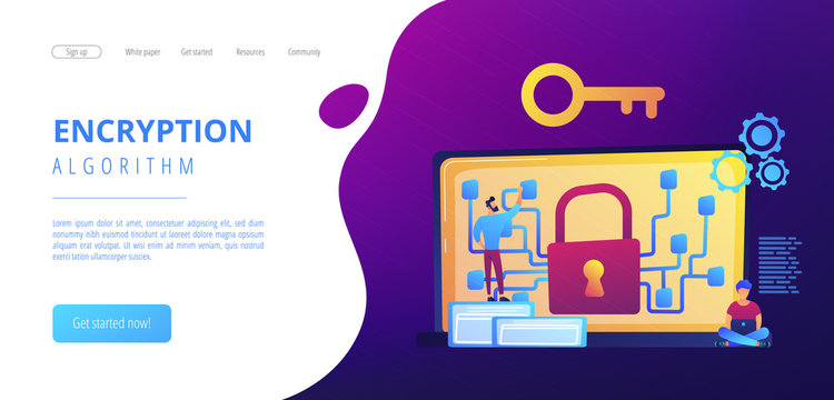 Cryptographic officer and system administrator create algorithm code for key owner of blockchain. Cryptography and encryption algorithm concept. Website vibrant violet landing web page template.