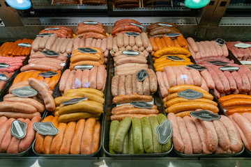 Close up shot of fresh colorful sausage in Atwater Market