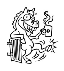 Crazy horse drinks coffee cartoon joke black and white