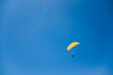 Men Flying in Yellow and Blue Paragliders in Blue Sky on a Sunny Day
