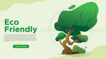 eco friendly concept unique  big green bonsai tree and abstract line wave can be use for presentation, web, banner ui ux, landing page - Vector illustration