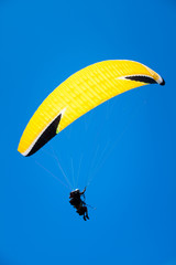 Paraglider Instructor Flying with Customer in Blue Summer Sky