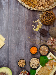 Groups of healthy vegetables, seeds, lengumes, nuts dairy products containing specific vitamins. Zinc. Minerals.