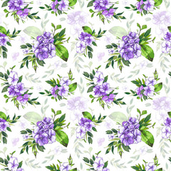 Vector seamless pattern, blooming purple, violet hydrangea and green foliage. Illustration with floral composition on a white background. Use in textiles, interior, wrapping paper and other design.