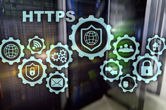 HTTPS. Hypertext Transport Protocol Secure. Technology Concept on Server Room Background. Virtual Icon for network security web service