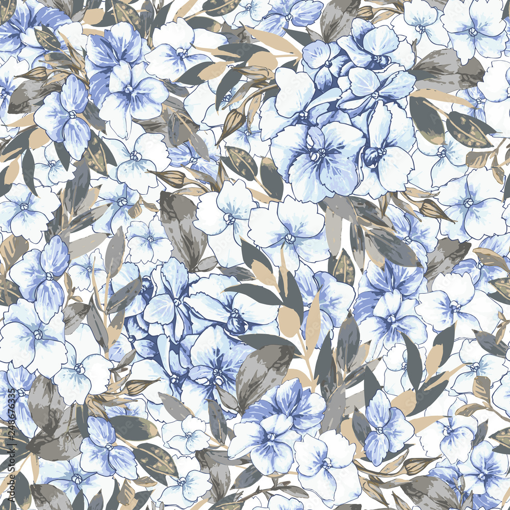 Wall mural Vector seamless pattern, blooming creamy blue hydrangea and rgay foliage. Illustration with floral composition on white background. Use in textiles, interior, wrapping paper and other design.