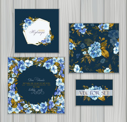 Set of vector templates for greetings or invitations to the wedding and one seamless pattern with blue hydrangea. Invitation card, frame and floral elements for creative own design.