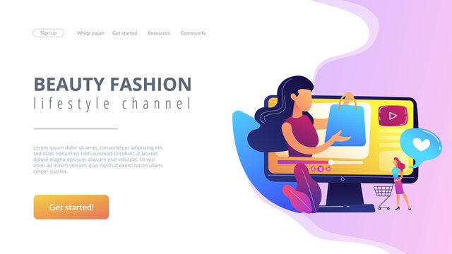Business woman enjoys video with buyer on shopping sprees. Shopping sprees video, haul video content, beauty fashion lifestyle channel concept. Website vibrant violet landing web page template.
