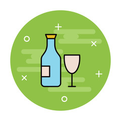 Bottle and glass of wine flat line icon