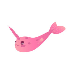 Vector cute narwhal character with horn flat icon