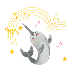 Vector cute narwhal character with horn flat icon © sabelskaya
