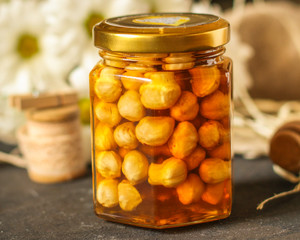 honey and nuts grain, tasty and healthy dessert. top food background. copy space