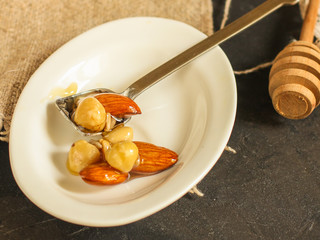 honey and nuts grain, tasty and healthy dessert. top food background. copy space