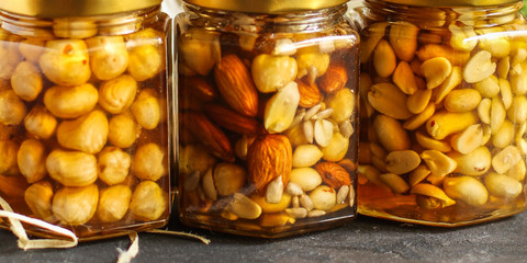 honey and nuts grain, tasty and healthy dessert. top food background. copy space