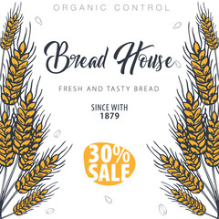 Bakery background with wheats. Linear graphic. Bread banner collection. Bread house. Vector illustration