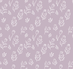 Seamless pattern of hand drawn blooming tulips and wild herbs. A simple modern background for romantic design line-art flowers.