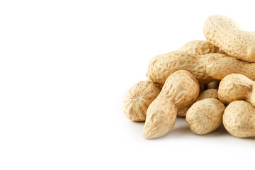 Peanuts. Two peeled nuts isolated on white background. Peanut macro.