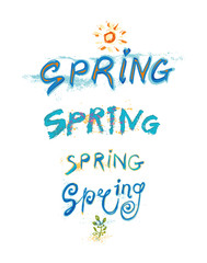 Set of four variants of the graphic writing of the word Spring. Modern inscription Spring and painted flowering branch. Vector watercolor hand drawn illustration inscriptions Spring pattern.