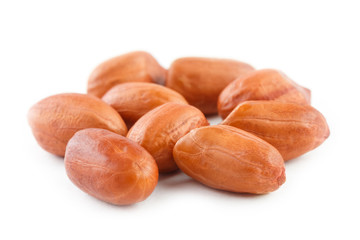 Peanuts isolated on white background. Peeled Peel and Scarlup.
