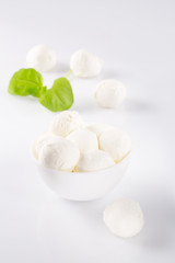 Fototapeta na wymiar Fresh mozzarella in a bowl on white background