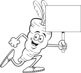 Black and white illustration of a carrot running while holding a sign.