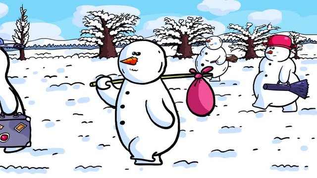 Spring is coming. Winter is leaving. Sad snowmen go to the north. They do not want to be melted by the sun. They took their accessories and must hurry up. Sun will not give them the chance to stay.