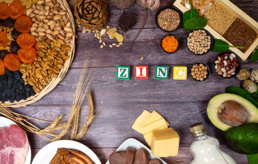 Zinc. Vitamins and minerals foods with text Zinc