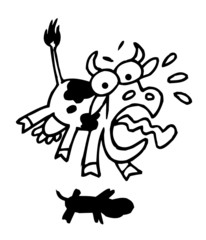 Frightened cow jumps up with wide eyes, cartoon black and white