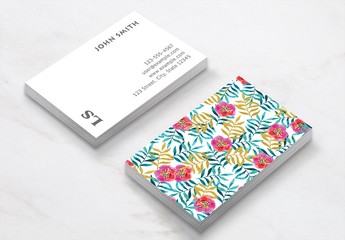Business Card Layout with Floral Illustrations