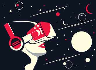 Vector illustration of a woman using virtual reality glasses. The planets and the stars next to her. The concept of modern technology and new experience