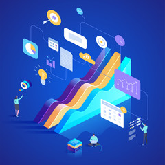 Statistical tools in research and data analysis. Vector isometric illustration