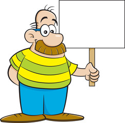 Cartoon illustration of a man with a big moustache holding a sign.