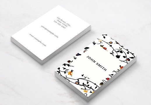 Business Card Layout with Floral Illustrations