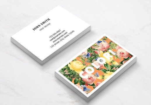Business Card Layout with Floral Illustrations