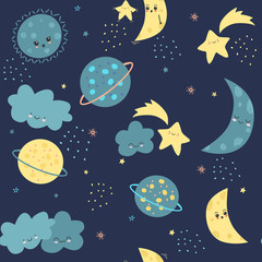 Draw seamless pattern, set background with sky, cloud, stars, celebrities, planet, earth, moon, luna, emotion and many details.For printing, website, presentation element, textile. Vector illustration