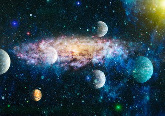 Collage on space, science and education items. Beautiful night sky, star in the space. Elements of...