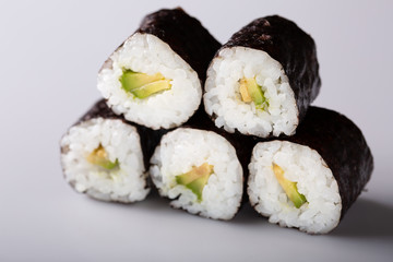 Fresh seafood sushi meal on white background