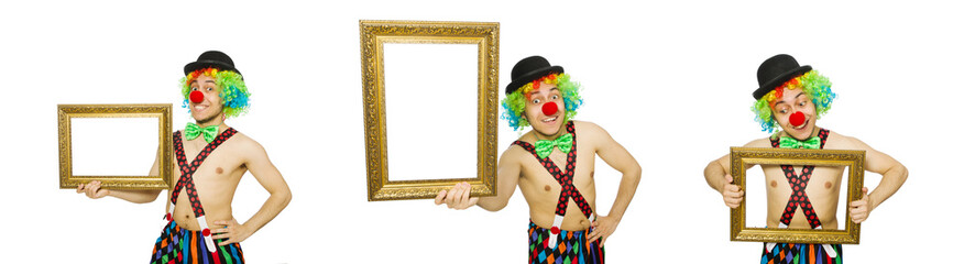Clown with picture frame isolated on white