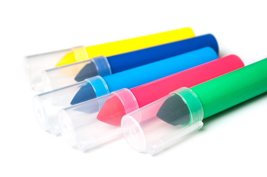 closeup of colorful felt pen collection on white background