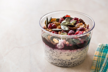 Healthy Chia Pudding with Pumpkin Seeds / Acai Bowl in Plastic Cup
