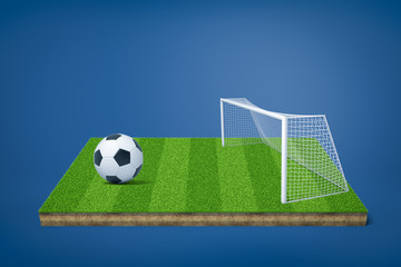 3d rendering of football field model with football ball and gate on blue background