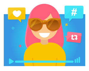 Girl with pink hair video blogger concept. Popular Young Video Streamer Blogger Girl, Woman. Fashion Blog. Online Channel. Hashtag, like, repost symbols. Vector illustration.