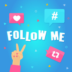 Follow me concept. Banner for Streamer, Blogger, Traveler. Peace victory symbol hand with Hashtag, like, repost symbols. Social media, online promotion, sharing posts concept Vector illustration