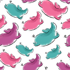 Vector seamless hand drawn pattern with watercolor cute happy pink blue and violet pigs. Isolated on white background. You can find the editable texture on Swatches Panel.