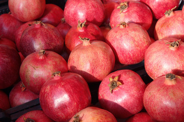 Rows Of Pomegranates. Pomegranate Closeup, Background. Group Of Ripe Pomegranates
