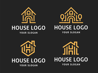 Set of 4 vector logos. Abstract houses in a linear style. Security houses, home and property protection, real estate sales, home renovation, architecture, landscape design and much more.