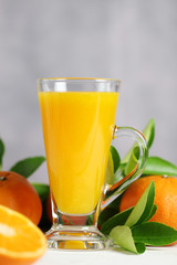 Glass of orange juice with oranges fruit on wooden table.