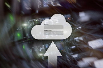 Cloud storage, data access, login and password request window on server room background. Internet...
