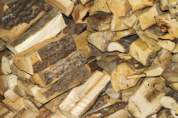 Stacked firewood as background, closeup. Heating house in winter